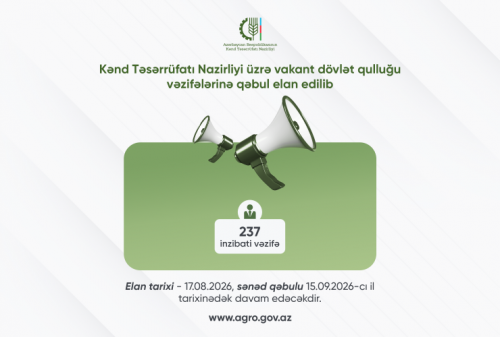 Kənd Təsərrüfatı Nazirliyi üzrə 237 inzibati vakant dövlət qulluğu vəzifəsinə qəbul elan edilib